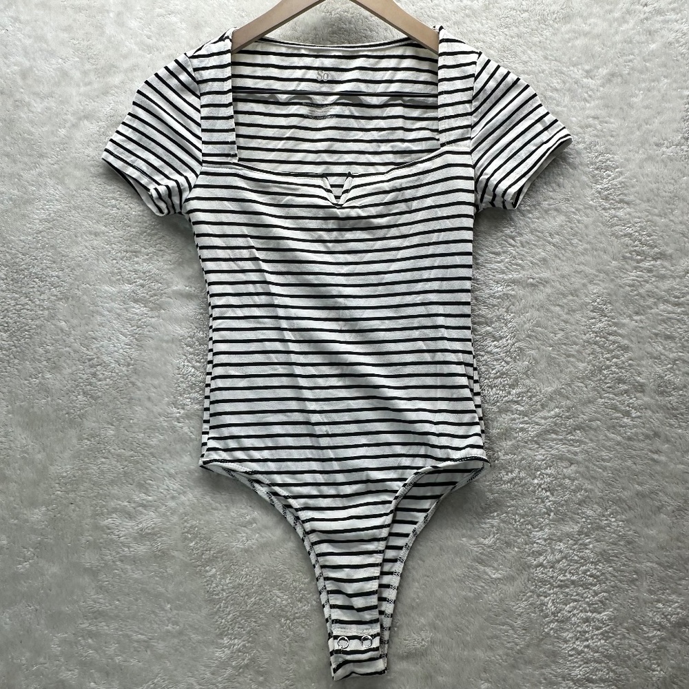 SO White and Black Striped Bodysuit with Short Sleeves